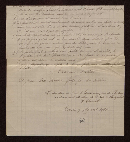 Wasquehal (59) : réponse au questionnaire sur le territoire occupé par les armées allemandes et par les armées françaises et alliées