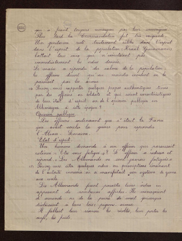 Quiévy (59) : réponses au questionnaire sur le territoire occupé par les armées allemandes