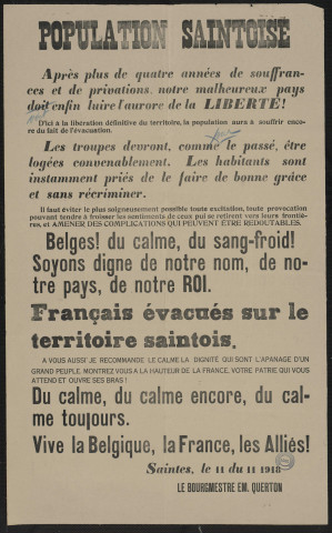 Population Santoise : après plus de quatre années de souffrances et de privations, notre malheureux pays doit enfin luire l'aurore de la liberté