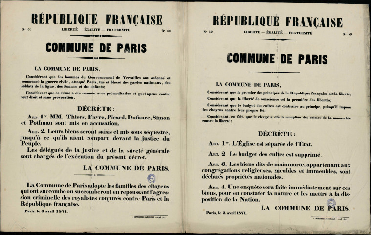 N°60. Décrète Thiers, Favre, Picard mis en accusation L'église est séparée de l'Etat