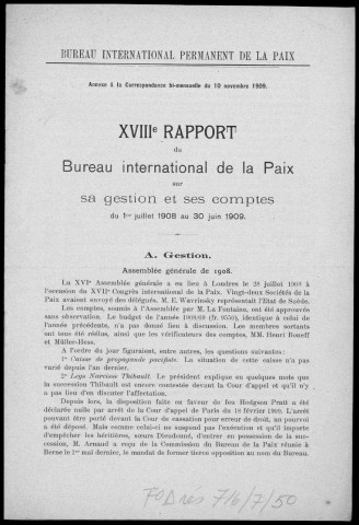 XVIIIe rapport du Bureau international de la paix sur sa gestion et ses comptes du 1er juillet 1908 au 30 juin 1909