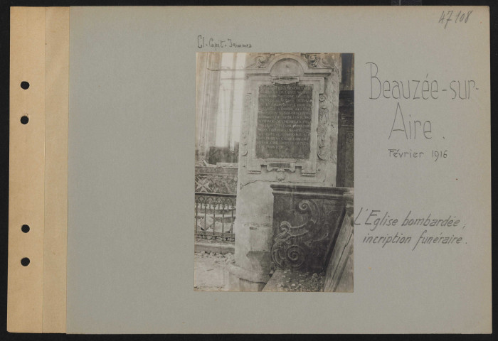 Beauzée-sur-Aire. L'église bombardée ; inscription funéraire
