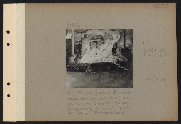 Paris. Rue Royale. Galerie Brunner. Exposition des industries de guerre. Au Creusot. Hauts fourneaux la nuit, dessin de Pierre Bracquemond