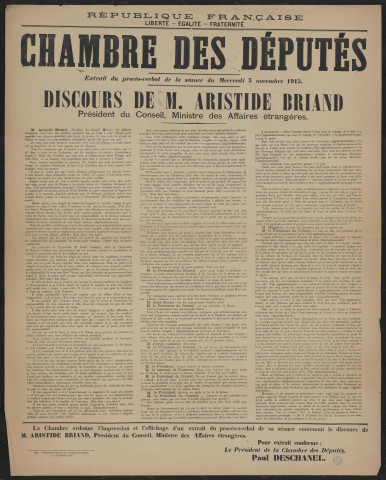 Chambre des députés : extrait du procès-verbal de la séance du mercredi 3 novembre 1915. Discours de M. Aristide Briand, président du Conseil, ministre des Affaires étrangères