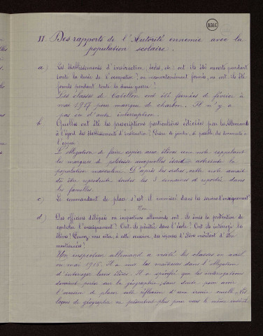 Catillon (59) : réponses au questionnaire sur le territoire occupé par les armées allemandes