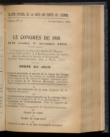 Septembre 1910 - Bulletin officiel de la Ligue des Droits de l'Homme