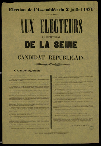 Elections de l'Assemblée du 2 juillet 1871 : Candidat Républicain... Joseph Pioche