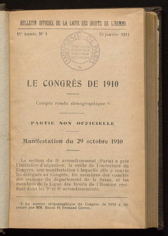 Janvier 1911 - Bulletin officiel de la Ligue des Droits de l'Homme