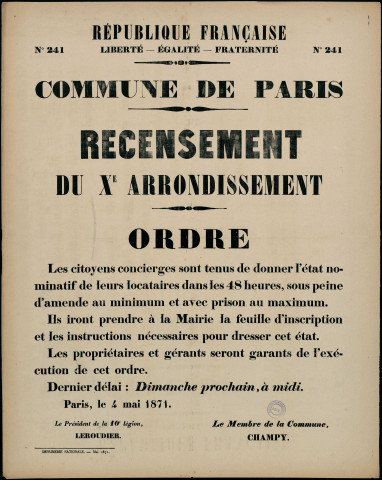 N°241. Recensement du Xè arrondissement