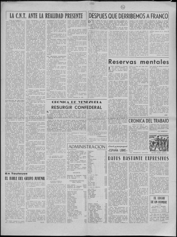 España libre (1960 : n° 497-520). Sous-Titre : Organo del Comité de relaciones de la Confederación regional del Centro en Francia. C.N.T. - A.I.T.
