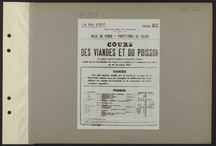 [Ville de Paris - préfecture de police. Cours des viandes et du poisson] [établis le 10 novembre 1915]