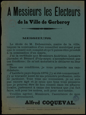 Ville de Gerberoy : Candidature Alfred Coqueval