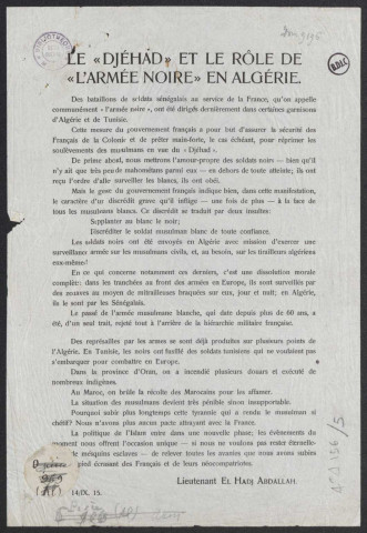 Propagande allemande en français et arabe s'adressant aux musulmans d'Afrique du nord