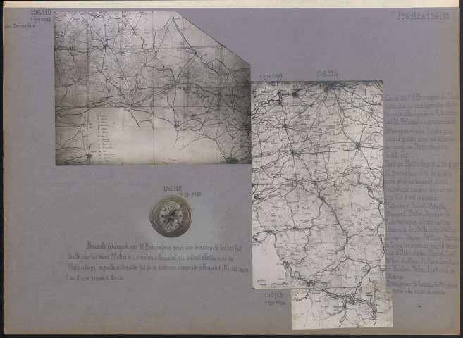 Boussole fabriquée par M. Bonnafous pour son évasion ; le boitier fut taillé par lui dans l'hélice d'un avion allemand qui s'était abattu près de Plettenberg ; l'aiguille aimantée fut faite avec un magnéto allemand ; l'arrêt avec l'os d'une brosse à dents