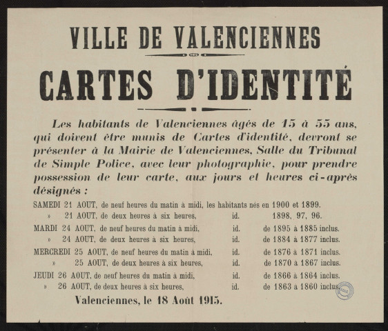 Carte d'identité : les habitants de Valenciennes âgés de 15 à 55 ans, qui doivent être munis de cartes d'identités, devront se présenter