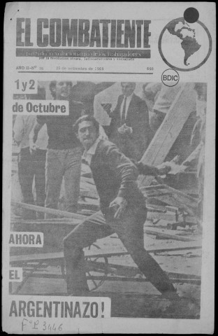 El Combatiente n°36, 25 de setiembre de 1969. Sous-Titre : Organo del Partido Revolucionario de los Trabajadores por la revolución obrera latinoamericana y socialista