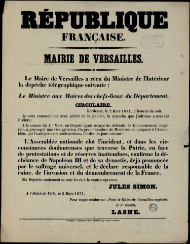 L'Assemblée Nationale Confirme la déchéance de Napoléon III et de sa dynastie