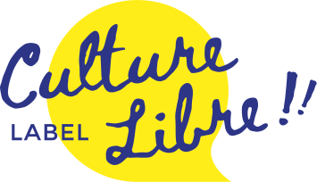 Logo du label, constitué du texte "Label culture libre" en bleu foncé devant une bulle jaune vif