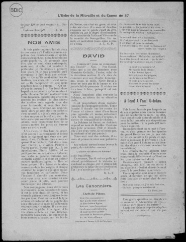 L'écho de la mitraille et du canon de 37 (1917-1918 : n°s 4-6;10-20), Sous-Titre : Journal Poilu et pas du tout littéraire de la 1e C. M. du 23e R.I. (N°s 4-6, 10-12) [puis] Journal Poilu et pas du tout littéraire de la 1e c. M. du 23e R.I. (N° 12), Organe du 1er Bataillon du 23e R.I., Journal POilu et pas du tout littéraire (N° 13), Organe des "Braves" du 23e d'Infanterie (N°14-20), Autre titre : L'écho de la mitraille