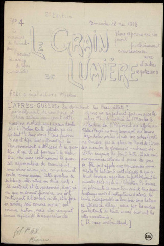 Le grain de lumière (1918 : n°4), Sous-Titre : publié par une batterie de crapouillots