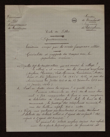 Ledringhem (59) : réponses au questionnaire sur le territoire occupé par les armées françaises et alliées