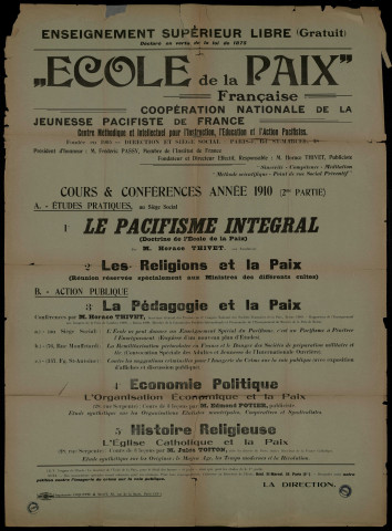 "Ecole de la paix" Cours et Conférences année 1910 (2me Partie)