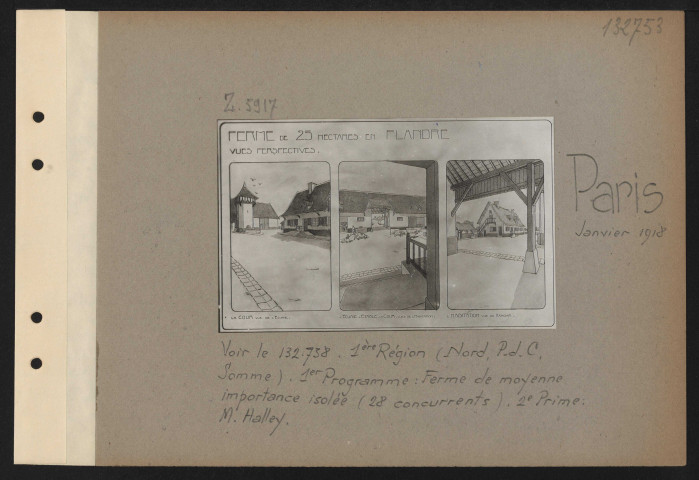 Paris. Musée des arts décoratifs. Exposition des projets d'architecture primés au concours pour la reconstruction des habitations rurales dans les départements envahis. Première région (Nord, Pas-de-Calais, Somme). Premier programme. Ferme de moyenne importance isolée (28 concurrents). Deuxième prime : M. Halley