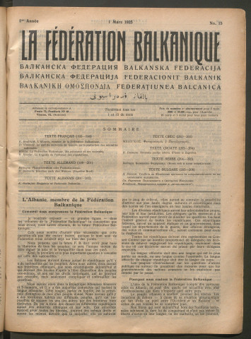 Mars 1925 - La Fédération balkanique