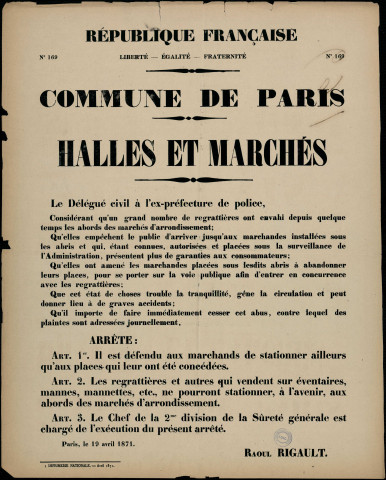 N°169. Halles at Marchés : le délégué civil Arrête défendu de stationner