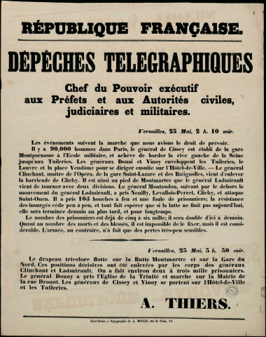 Dépêche télégraphique : Le général de Cissey est établi de la gare Montparnasse à l'Ecole Militaire