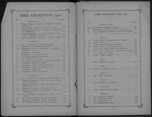 Série législative. Sous-Titre : Nomenclature des textes de lois et règlements parus dans la Série législative de 1920 à 1927