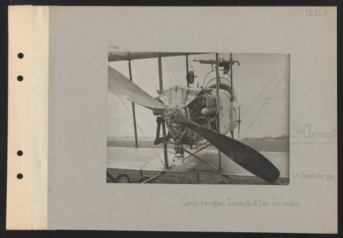 Saint-Clément. Camp d'aviation. Escadrille MF 58. Un moteur