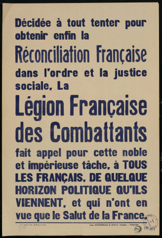 Réconcilation... ordre et la justice sociale : Légion française des Combattants