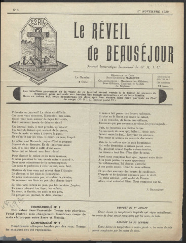 Le Réveil de Beauséjour. Journal humoristique bi-mensuel du 22e R.I.C.