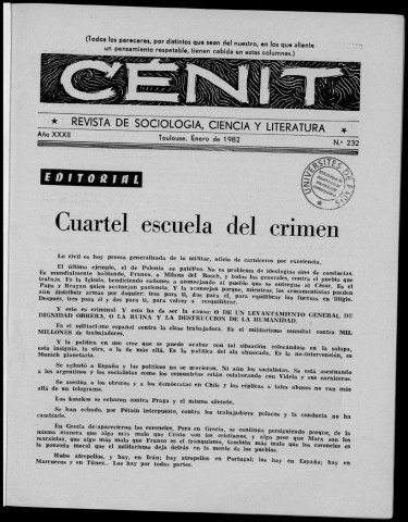 Cénit (1982 ; n° 232-235). Sous-Titre : Revista de sociología, ciencia y literatura