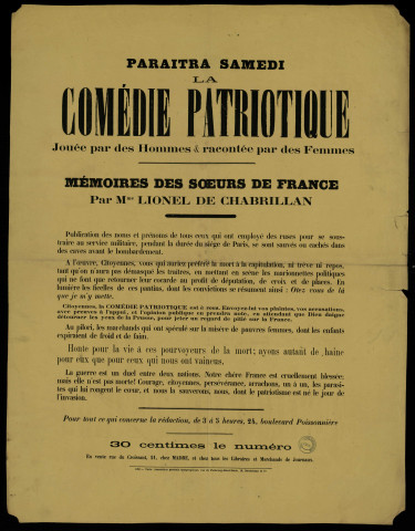 Paraitra samedi la Comédie patriotique Mémoires des sœurs de France