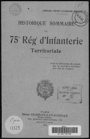 Historique du 75ème régiment territorial d'infanterie