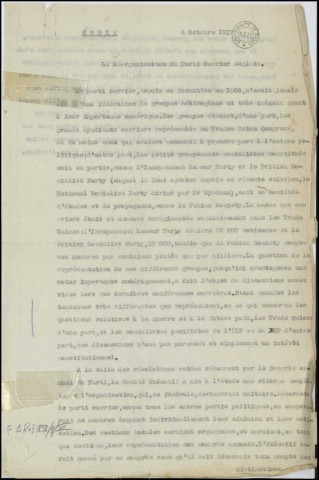 Labour Party. 4 octobre 1917- 25 janvier 1918Sous-Titre : Dossier Mantoux / Albert Thomas