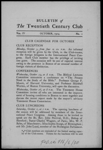 Bulletin of The Twentieth century Club (of Boston)