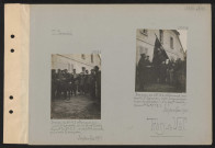 Tracy-le-Val. Drapeau du 85e RI allemand pris par le troisième zouaves ; à droite le zouaves qui a pris le drapeau ; à gauche général Comby, commandant la 37e DI