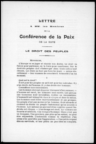 Lettre à MM. les membres de la Conférence de la Paix de La Haye. Le Droit des peuples