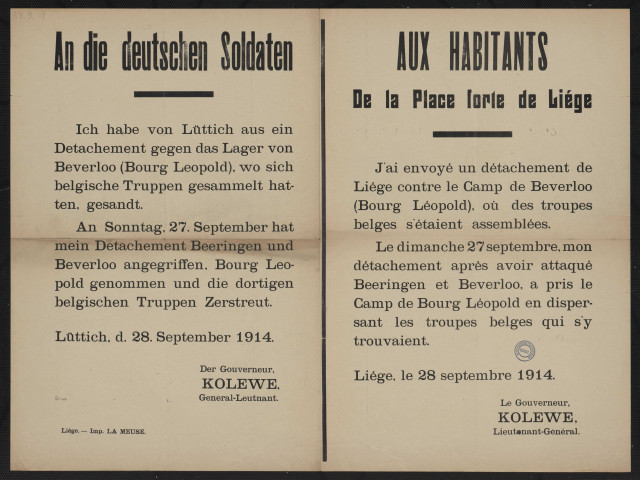 Ich habe von Lüttich aus ein Detachement gegen das Lager von Beverloo &amp; wo sich belgische Truppen gesammelt hatten, gesandt = J'ai envoyé un détachement de Liège contre le camp de Beverloo &amp; où des troupes belges s'étaient assemblées