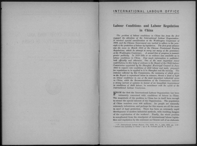 Labour conditions and labour regulations in China. Sous-Titre : Extract from the International Labour Review, Vol. X, n°112, december 1924