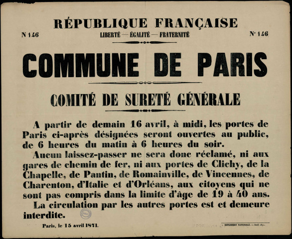 N°146. Les portes de Paris ci-après désignées seront ouvertes au public