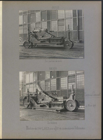 Usine du Creusot. Mortier de 220 mm A.C.S. sur affût de circonstance Schneider. En batterie