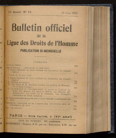 Juin 1910 - Bulletin officiel de la Ligue des Droits de l'Homme