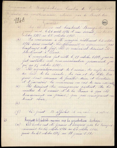 Bourghelles (59) : réponse de l'instituteur au questionnaire concernant l'occupation allemande