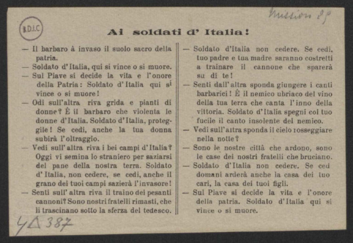 Guerre mondiale 1914-1918. Italie. Tracts de propagande patriotique adressés aux soldats