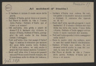 Guerre mondiale 1914-1918. Italie. Tracts de propagande patriotique adressés aux soldats