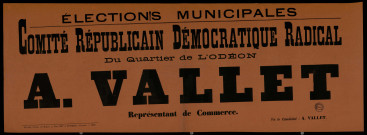 Élections Municipales : Comité Républicain Démocratique Radical A. Vallet